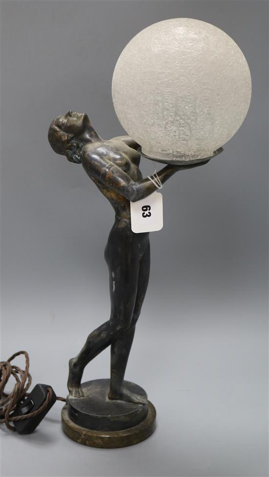 An Art Deco spelter figural lamp height excl. shade 42cm
